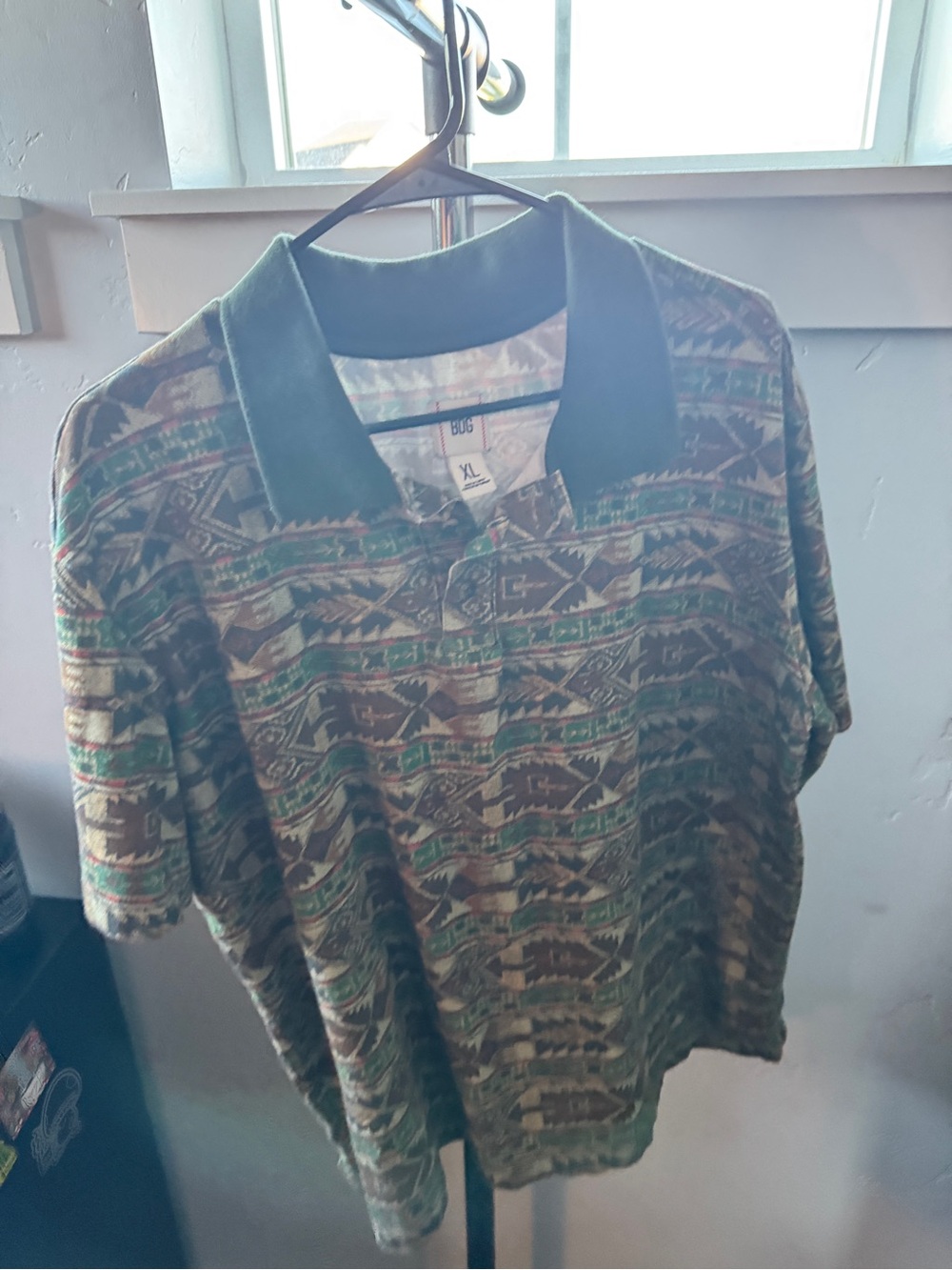 BDG Men's Green and Brown Patterned Polo with Dark Collar